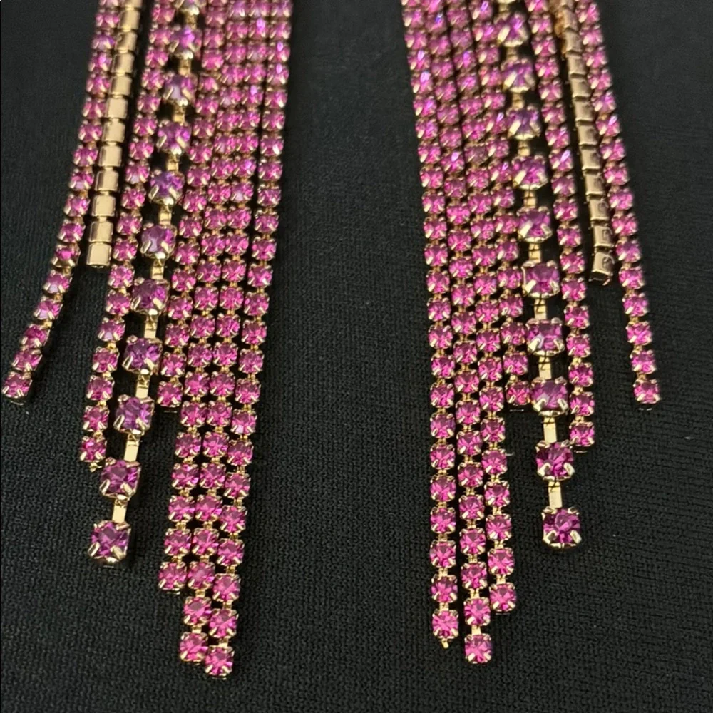 Elegant Pink Rhinestone & Gold Tone Dangle Earrings